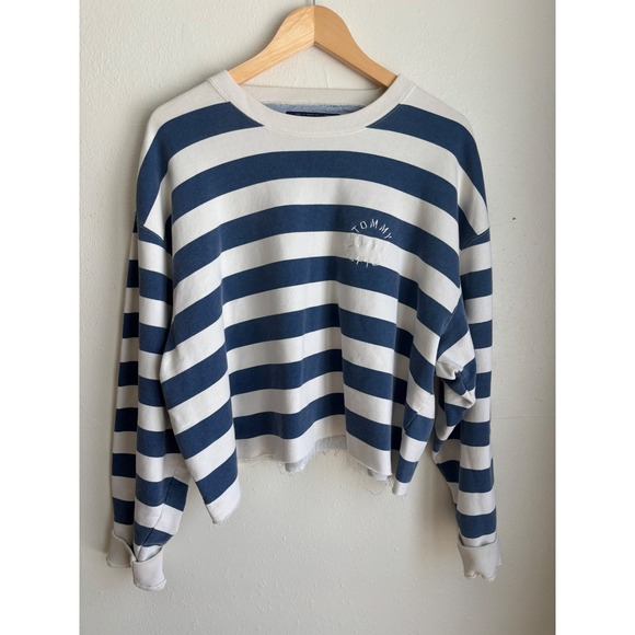Tommy Hilfiger Tops - Tommy Hilfiger Blue White Striped Cropped Sweatshirt Cotton Logo Large